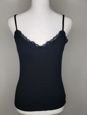 Vintage Apostrophe Stretch Black Lace Trim Cami Tank Top Size S 90s Preppy